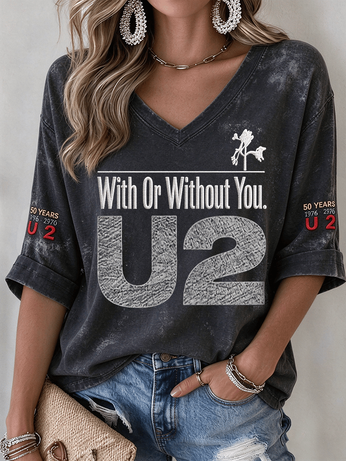 "With Or Without You" Music Lover Printed Short-Sleeve T-Shirt